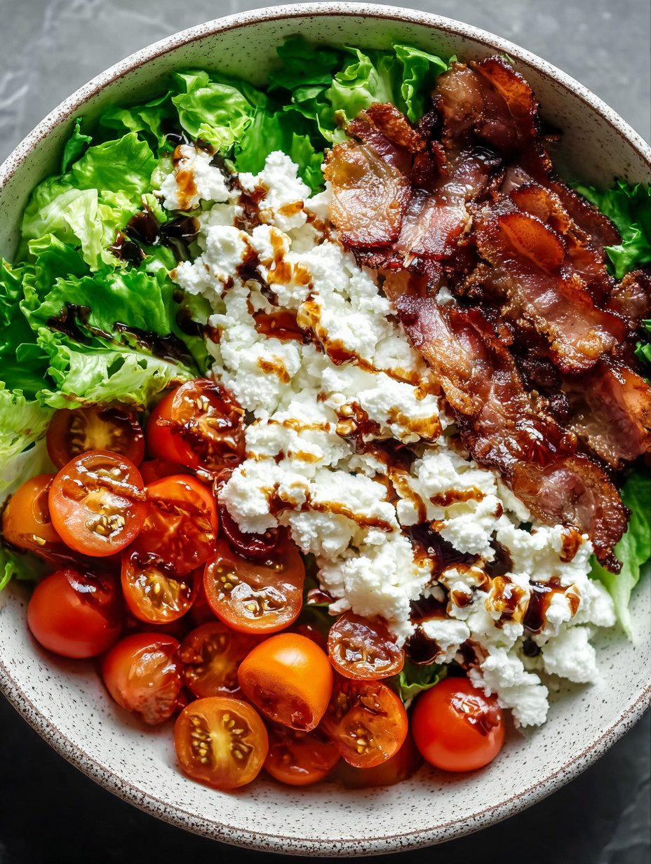 Ein Schüssel mit Salat, Bacon, Tomaten und Feta-Käse.
