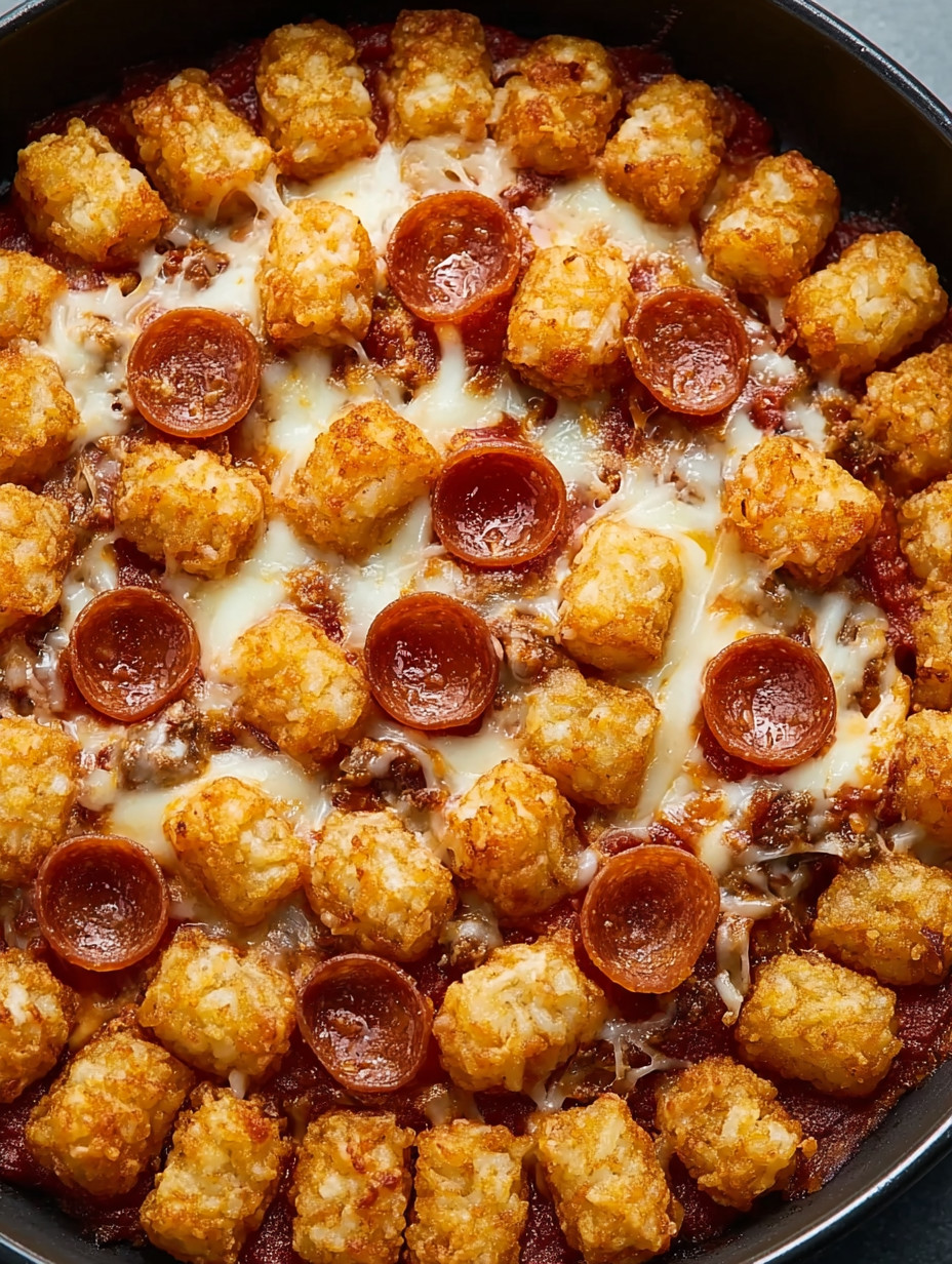 Eine Tafel mit Pizza, die mit Tomaten, Käse und Tater Tots garniert ist.