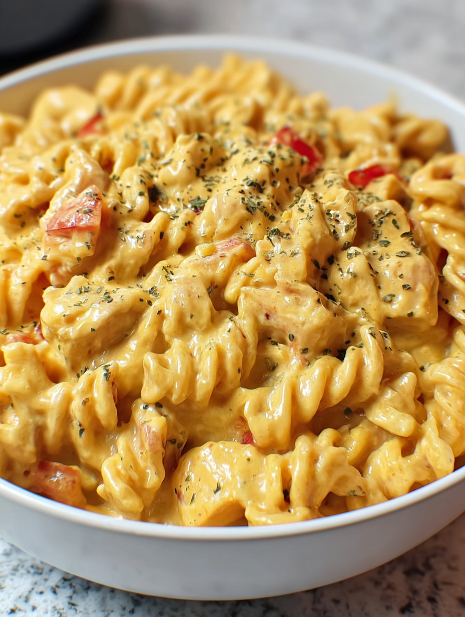 Ein weißer Teller mit einer cremigen Pasta-Garnitur, die mit Tomaten, Zwiebeln und Knoblauch garniert ist.