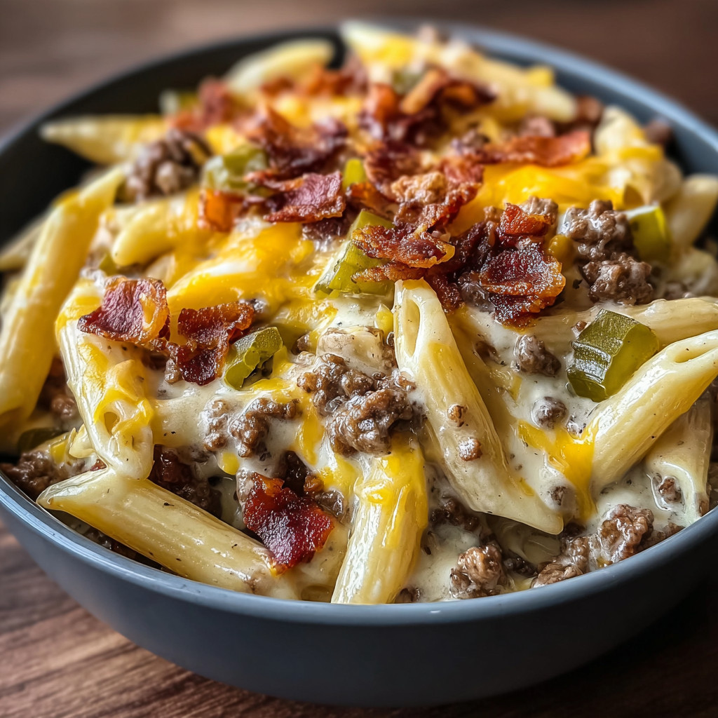 Ein Schälchen mit Pasta und Bacon.