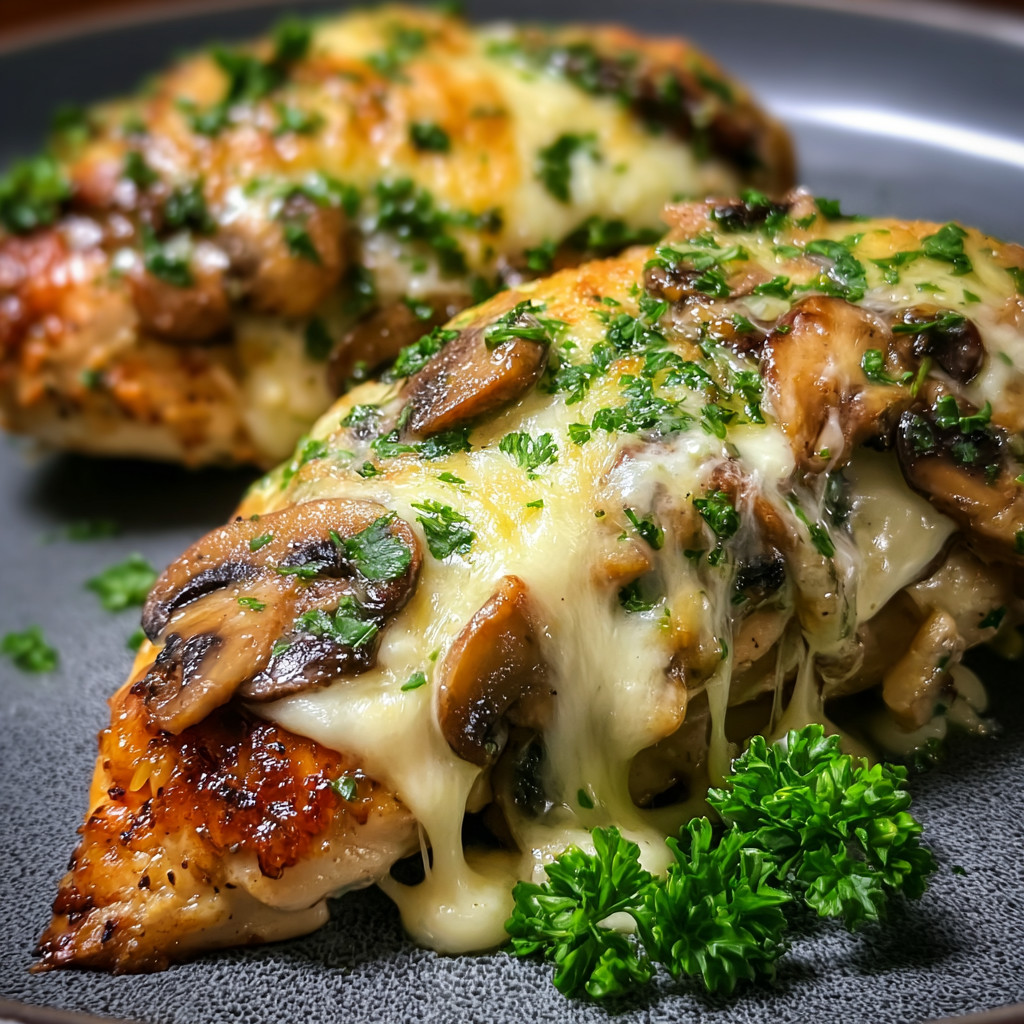 Eine Platte mit zwei Portionen von Mushroom-Käse-Wraps, die mit Parsley garniert sind.