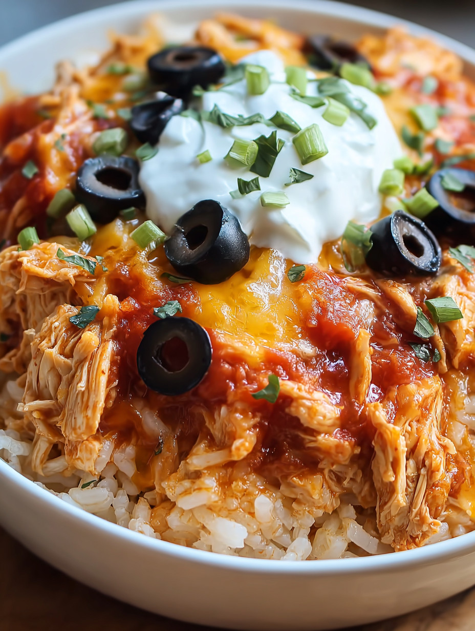 Ein großes, fettiges Gericht mit Rice und Chicken, garniert mit grünen Zwiebeln und Oliven.