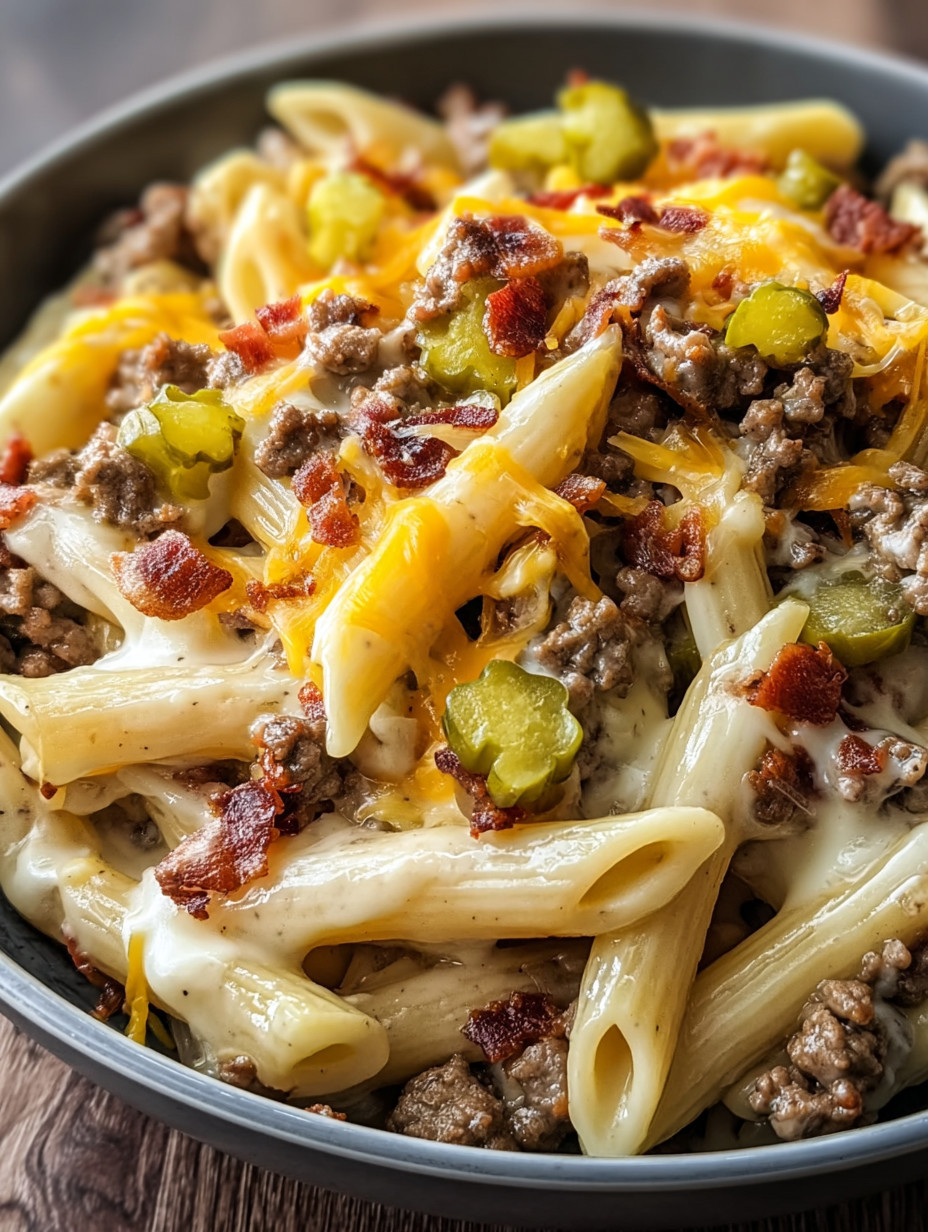 Ein Bild von Penne mit Käse, Bacon und Zwiebeln.