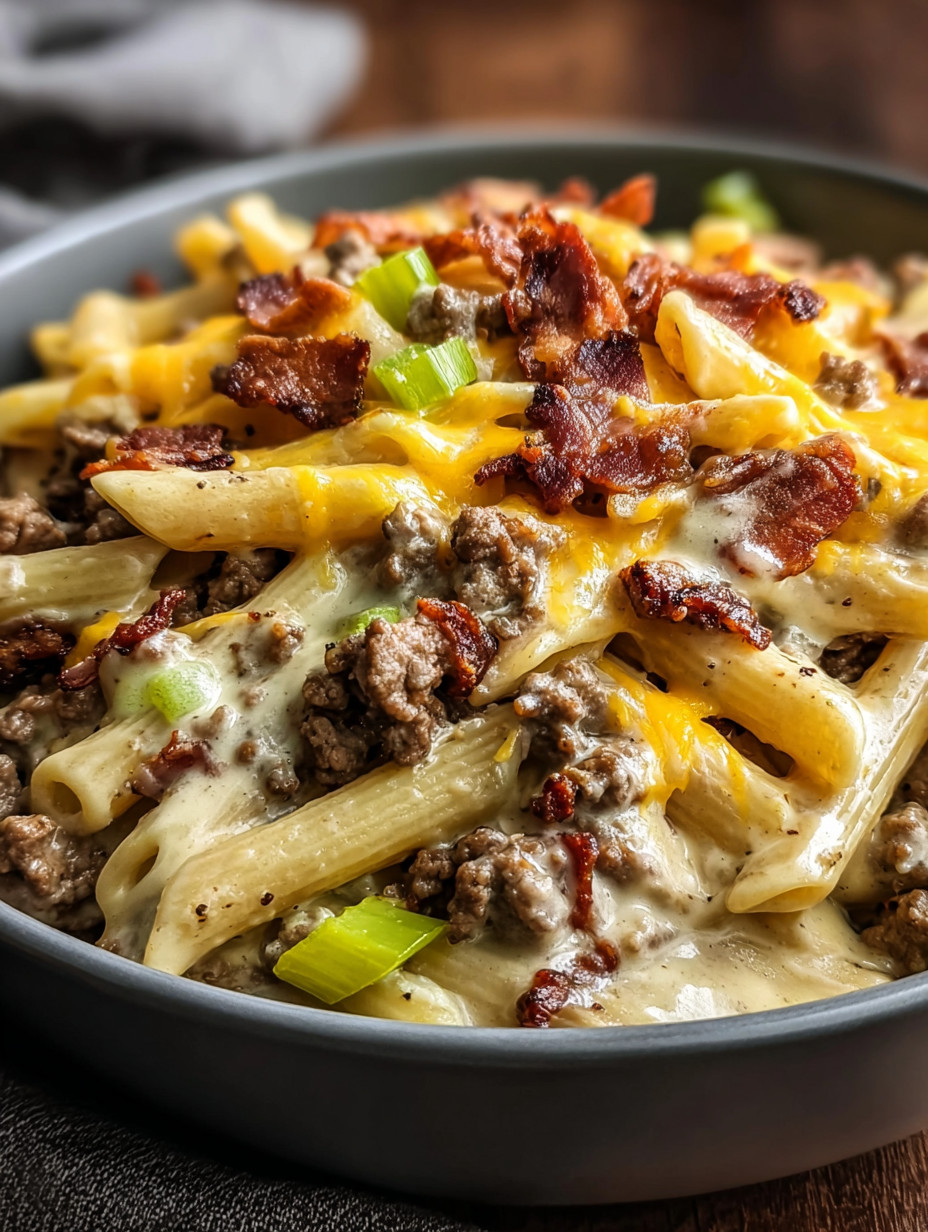 Ein Schälchen mit Pasta, Bacon und Käse.