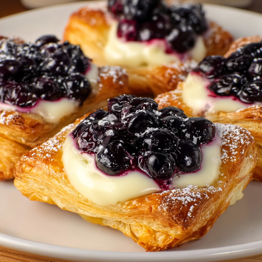 Eine Platte mit sechs Kugelschnitten, die mit Blaubeeren und Vanilleeis garniert sind.