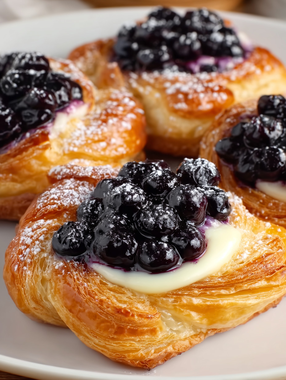 Eine Platte mit drei Kugelschnitten, die mit Blaubeeren und Sahne gef&uuml;llt sind.