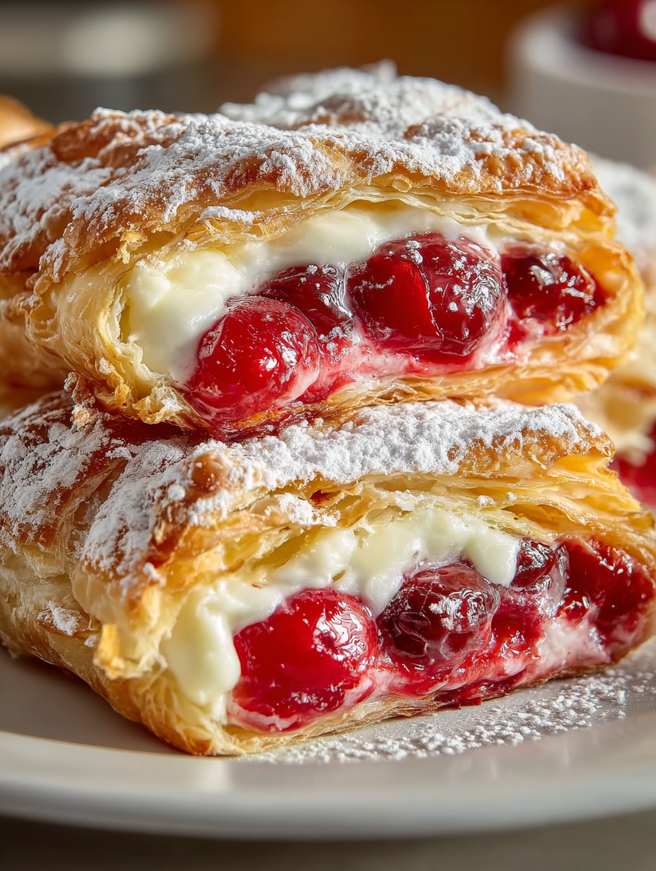 Zwei halbe Kuchen mit weißem Käse und roten Beeren auf einem Teller.