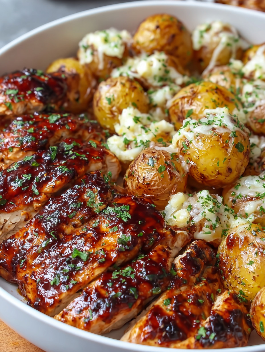 Ein Schinkenstück mit Sauce und eine Kartoffel.