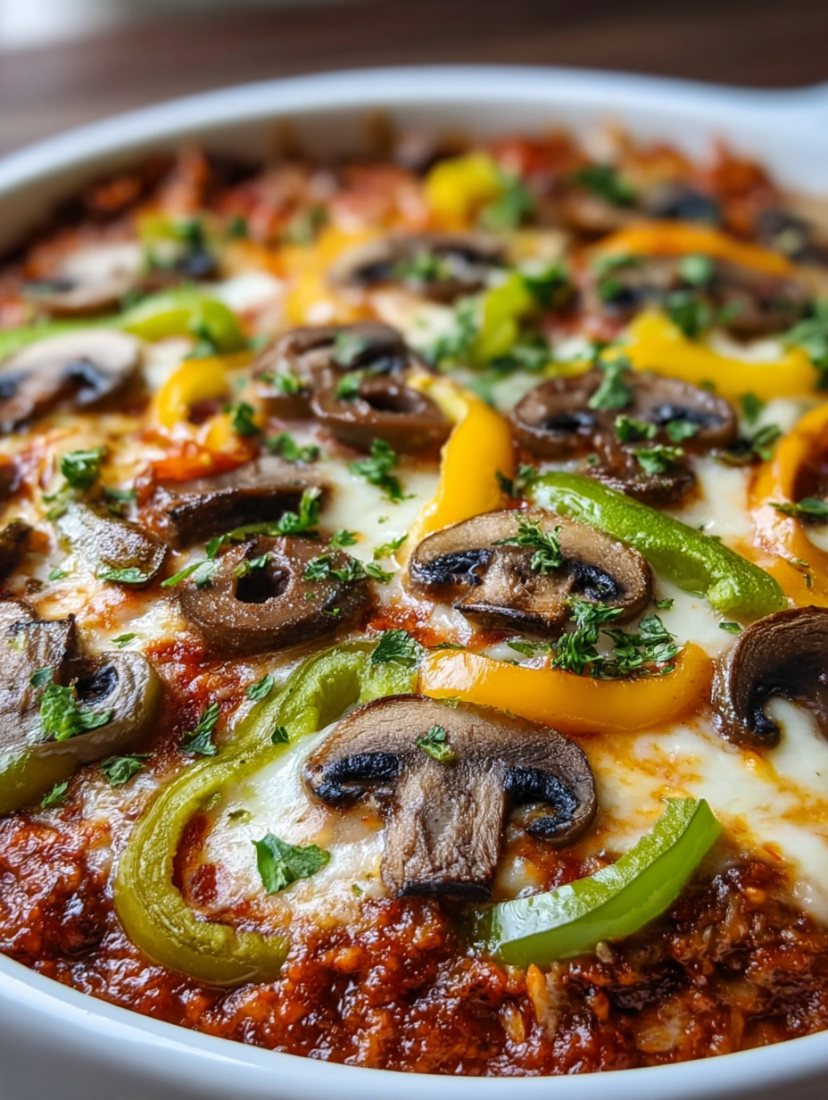 Eine Pizza mit verschiedenen Zutaten wie Mushrooms, Peppers, Zwiebeln und Tomaten.