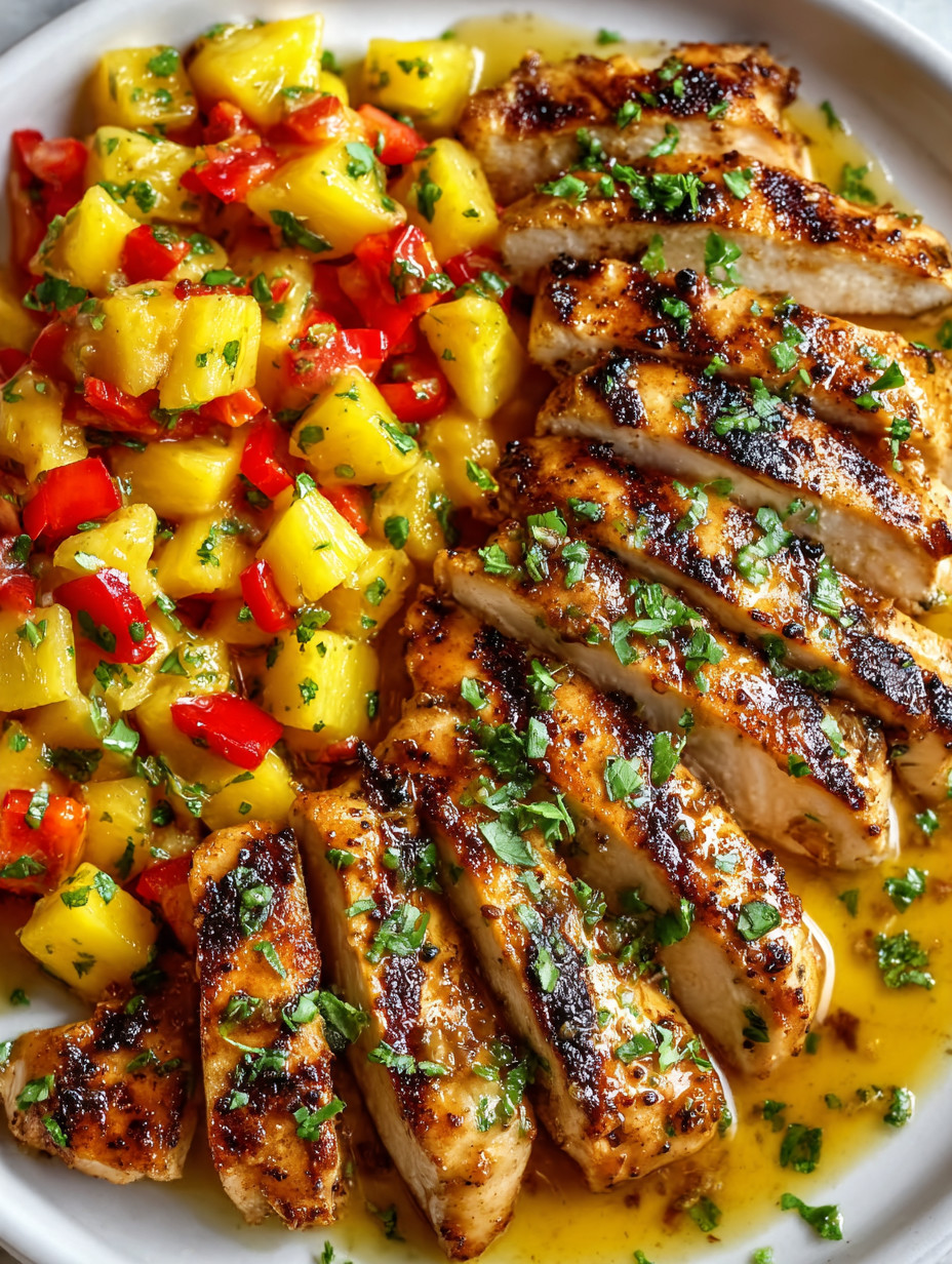 Eine Platte mit gegrilltem Steak und Pineapple-Salsa.