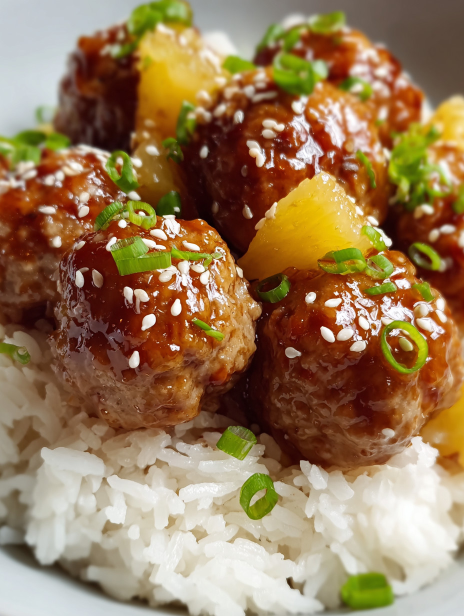 Ein Bild von Rice mit Meatballs und Pineapple.