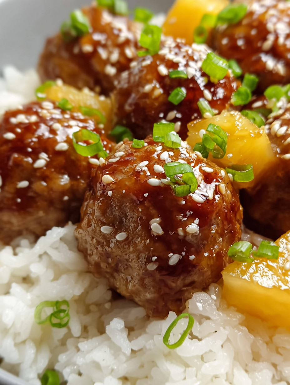 Rice mit saurem Essen, darunter eine Mischung aus Meatballs, Pineapple und Zwiebeln.