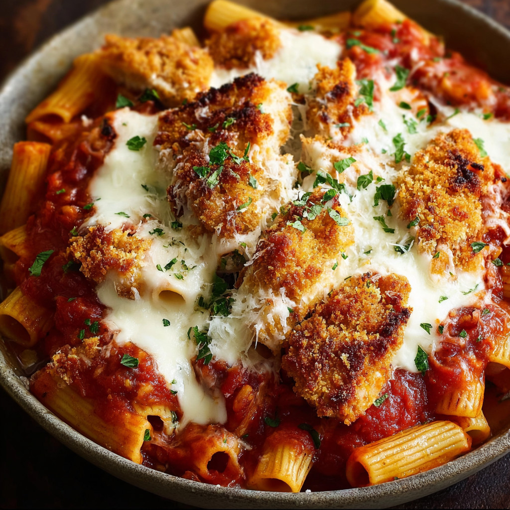 Ein Schmelztopf mit Penne, Käse und Zwiebeln.