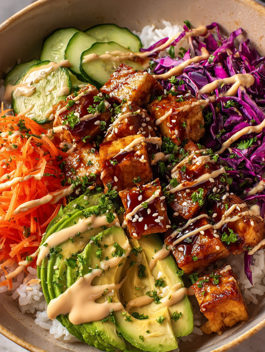 Eine Mischung aus verschiedenen Gemüse, darunter Avocado, Zucchini, Kokosmelasse, Rice und Purple Cabbage.