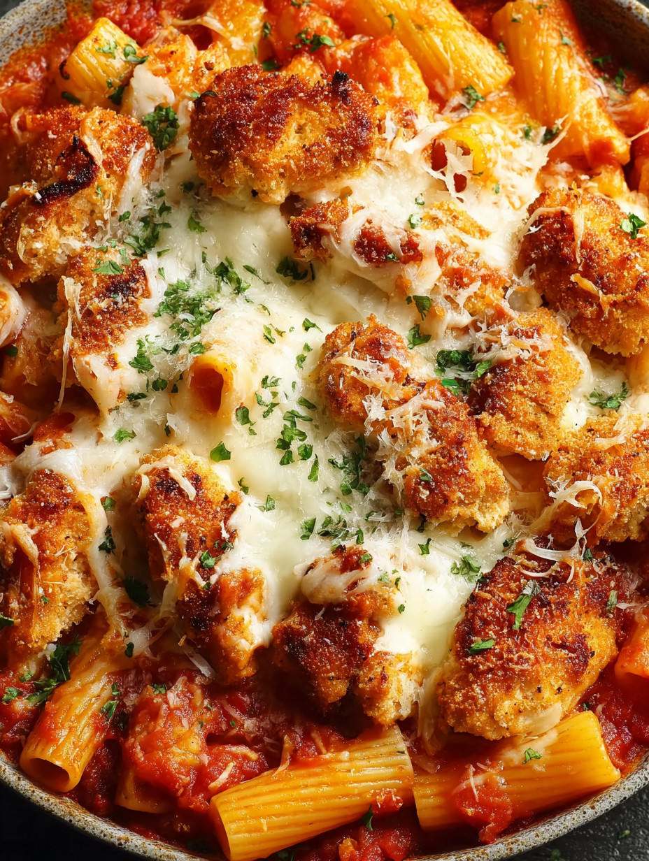 Eine Schüssel mit Pasta und Chicken, die in einem Tomatensoße serviert wird.