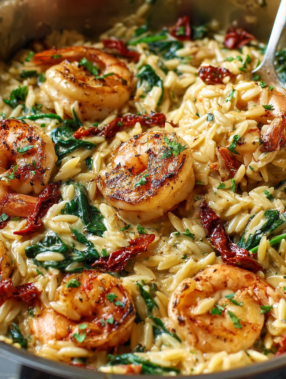 Eine Schüssel mit Riso und Garnelen, die in einer Sauce gegeben sind.