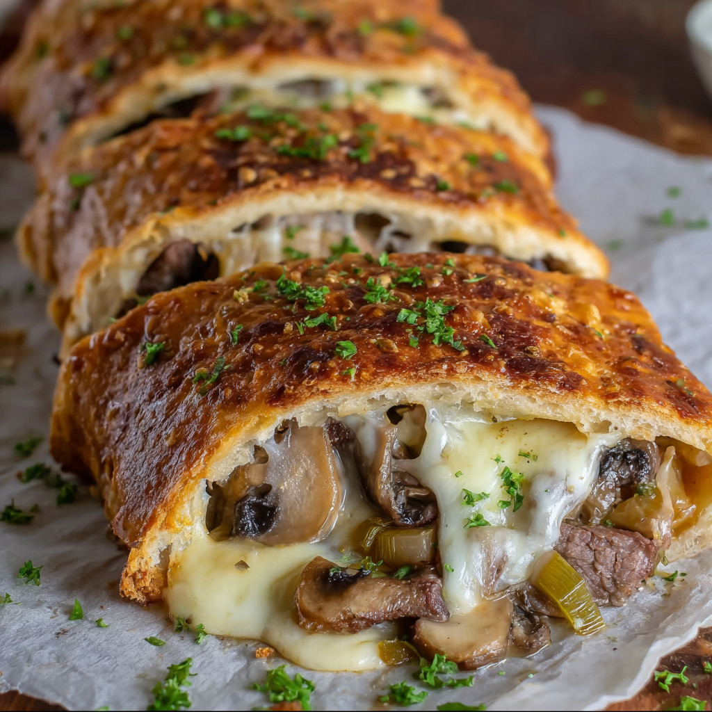 Eine Reihe von Bratwurst mit Käse, Zwiebeln und Champignons auf einem Teller.