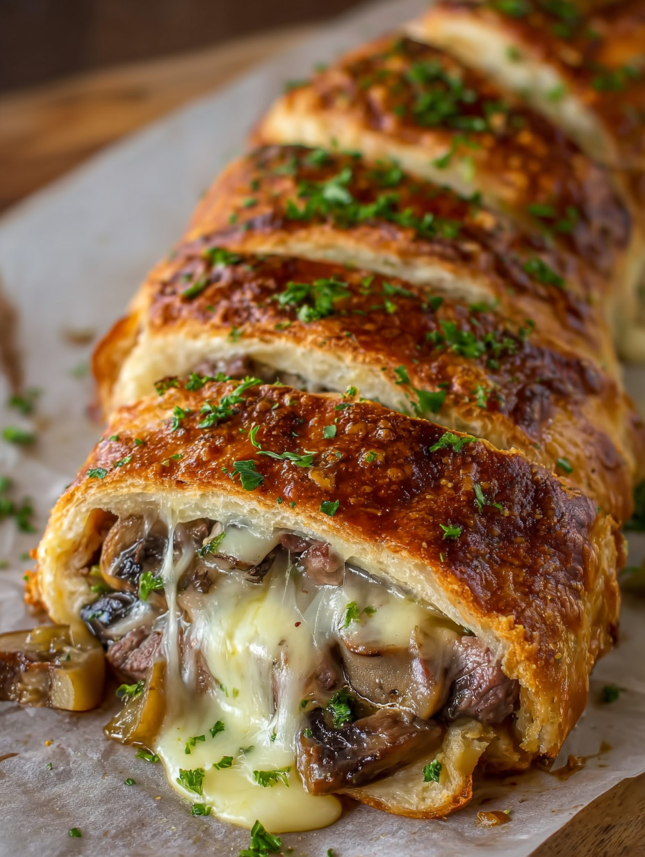 Ein Stück Käsekrainer mit Käse, Zwiebeln und Champignons auf einer Schüssel.