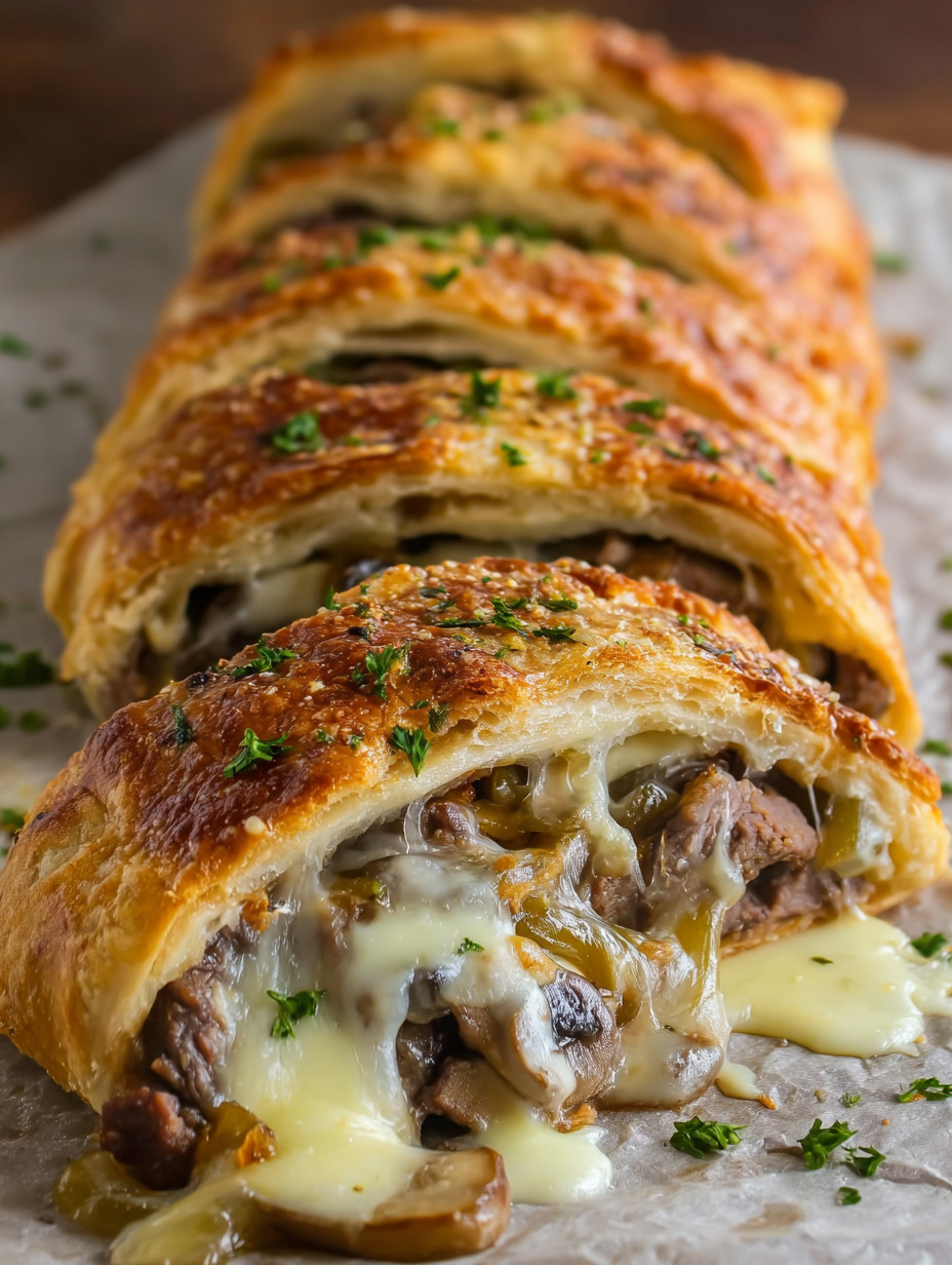 Ein Stück Käsekuchen mit Käse, Zwiebeln und Fleisch.