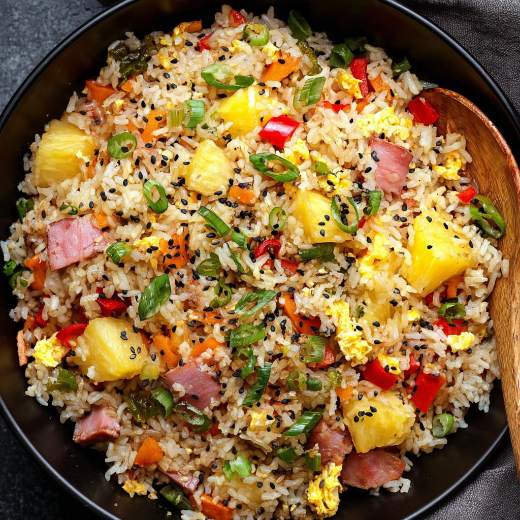 Ein schwarzes Bowl mit Rice und Gemüse, darunter Pineapple, Ham, Eggs und Peppers.