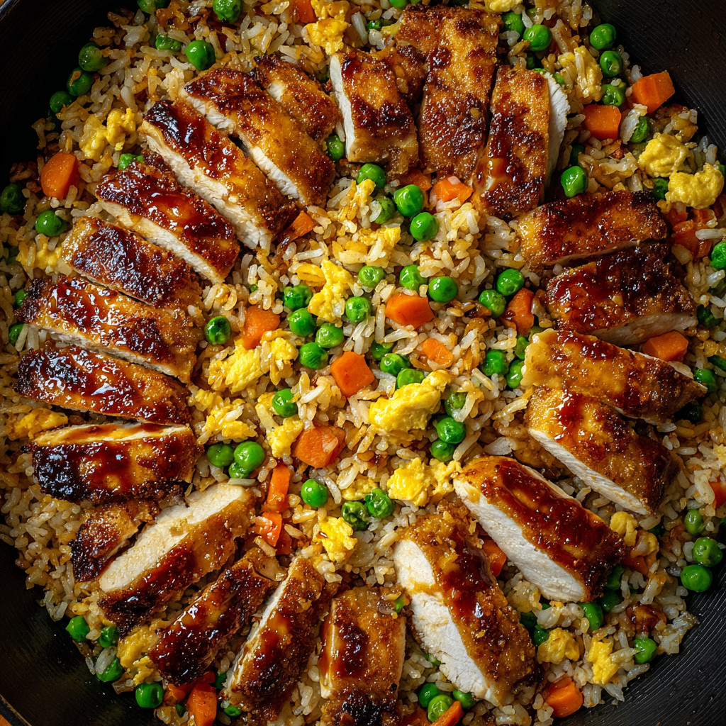 Ein Bild von einer Rice-Gerichte, die mit Rindfleisch, Peas, Carrots, Eggs und Sauce zubereitet wurde.