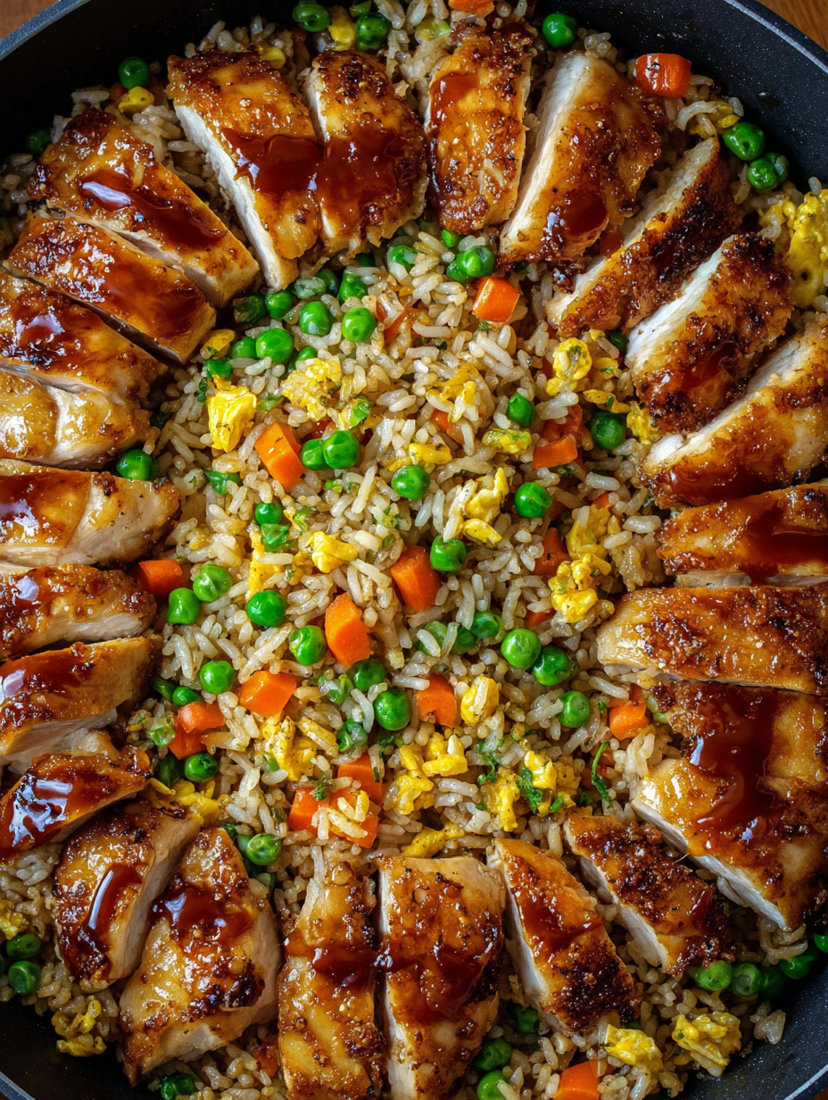 Ein Bild von einer Rice-Pfanne mit Rice, Peas, Carrots und Chicken.