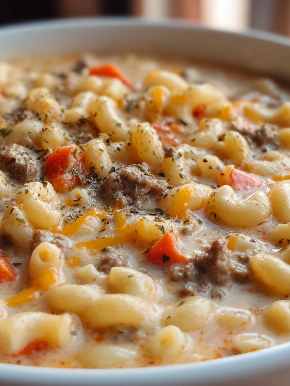 Eine Schüssel mit Macaroni und Käse, die mit einer Mischung aus Kartoffeln, Karotten und Zwiebeln garniert ist.