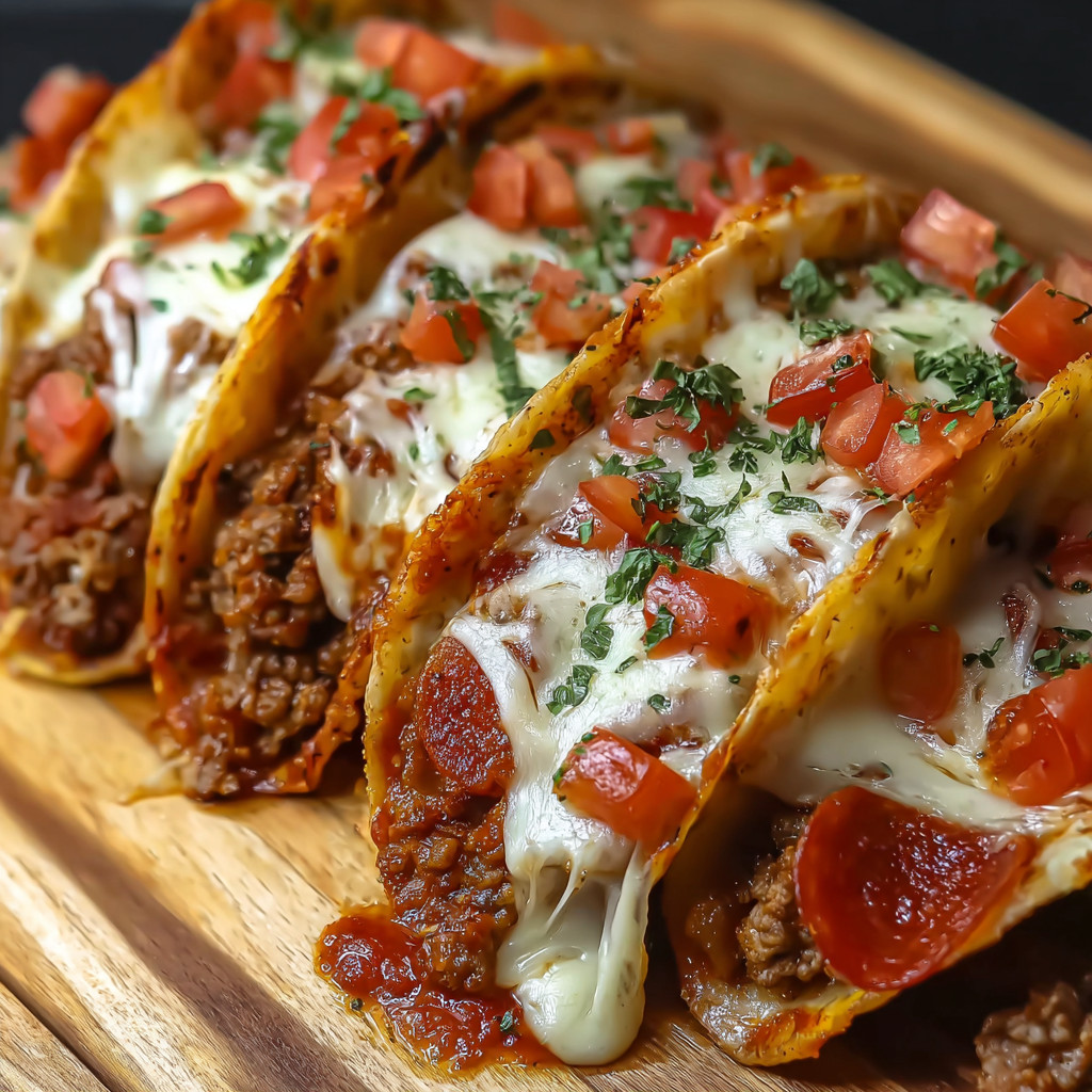 Eine Schüssel mit zwei Tacos, die mit Tomaten, Mozzarella und Käse garniert sind.