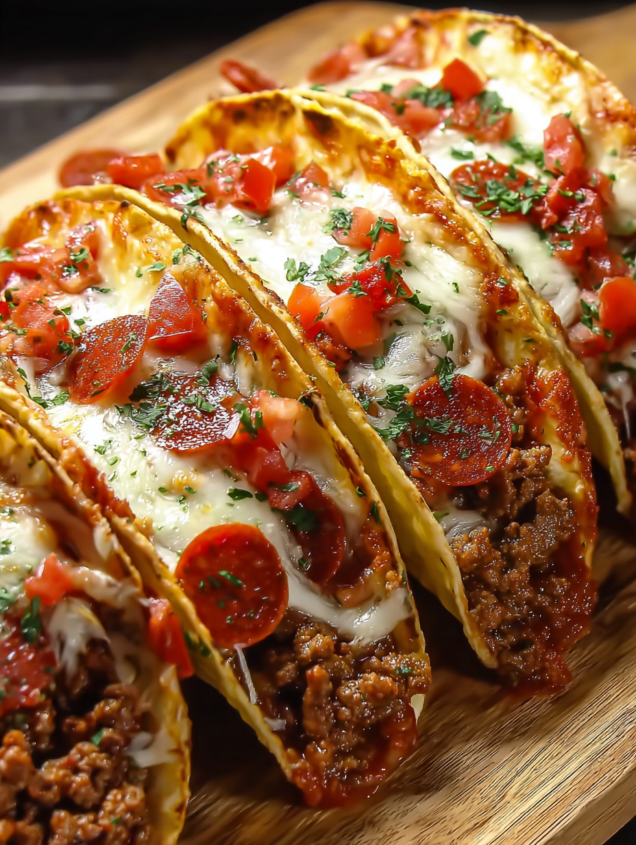 Zwei Tacos mit Tomaten, Basilikum und Käse auf einem Brett.