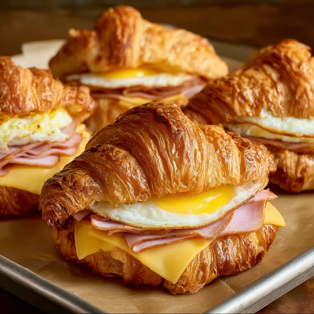 Ein Croissant mit Eier, Käse und Salami auf einer Platte.