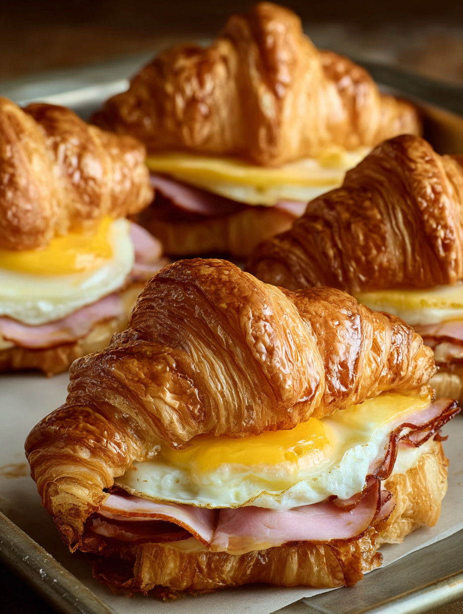 Eine Platte mit zwei Croissants, die mit Eiern und Schinken gefüllt sind.