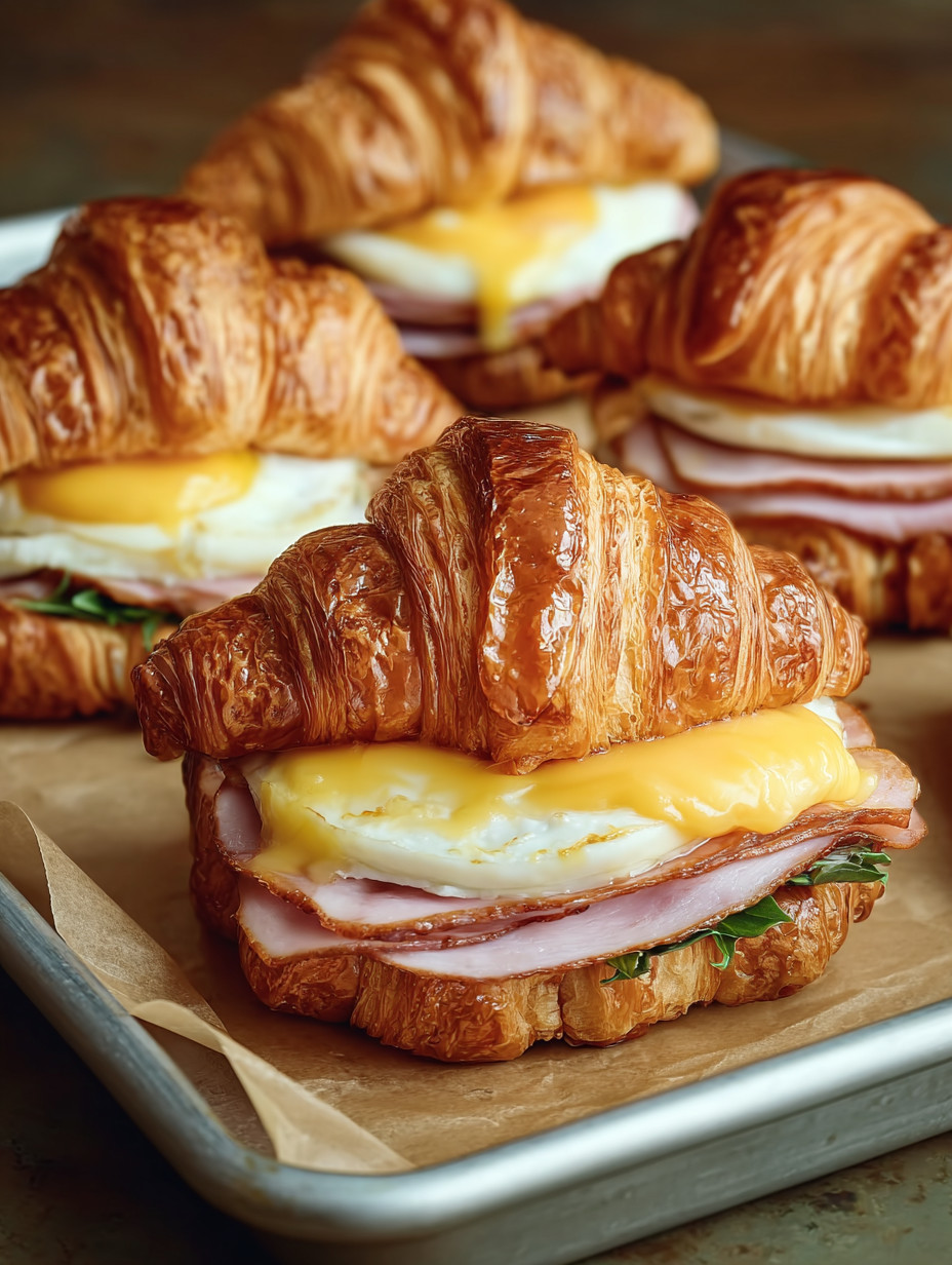 Eine Schicht aus Eiern und Käse auf einem Croissant.