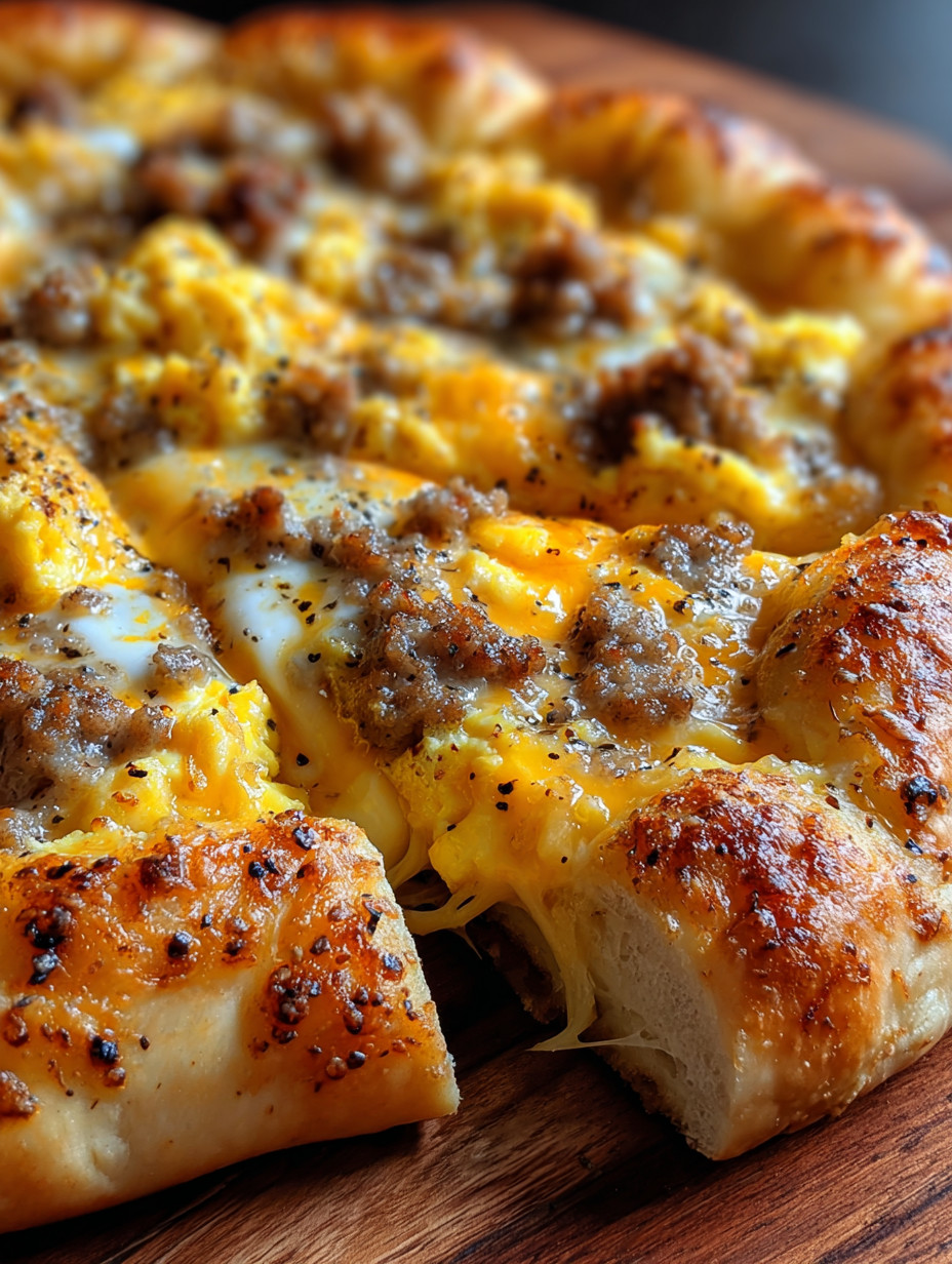 Eine Pizza mit Käse, Eiern und Sausage auf einem Tisch.