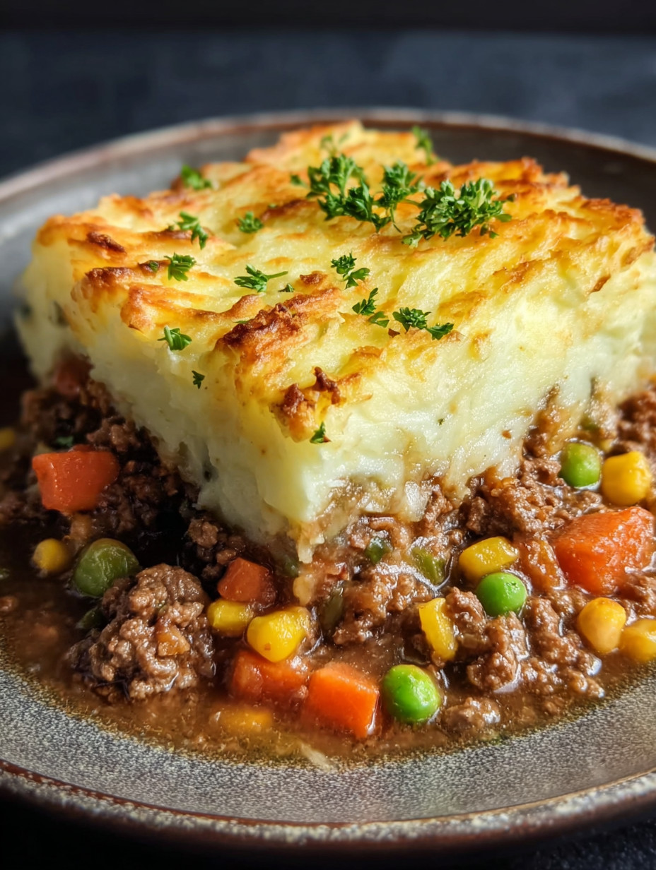 Ein Plate mit einer Masse von Kartoffeln, die mit Rindfleisch und Gemüse garniert sind.