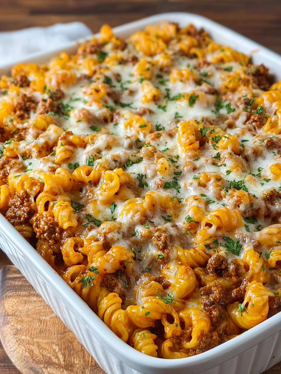 Eine Schüssel mit Penne-Nudelsalat, der mit Käse, Zwiebeln und gerösteten Penne garniert ist.