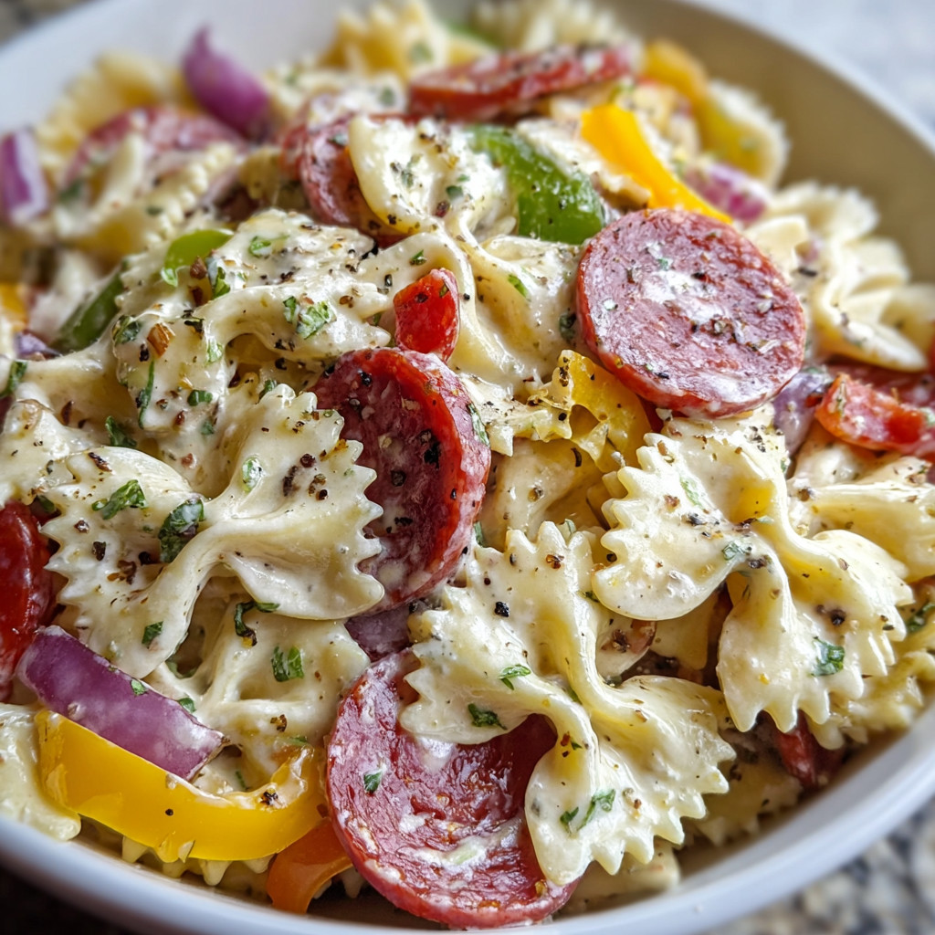 Ein weißer Teller mit Pasta, Tomaten, Paprika, Zwiebeln und Sardinen.
