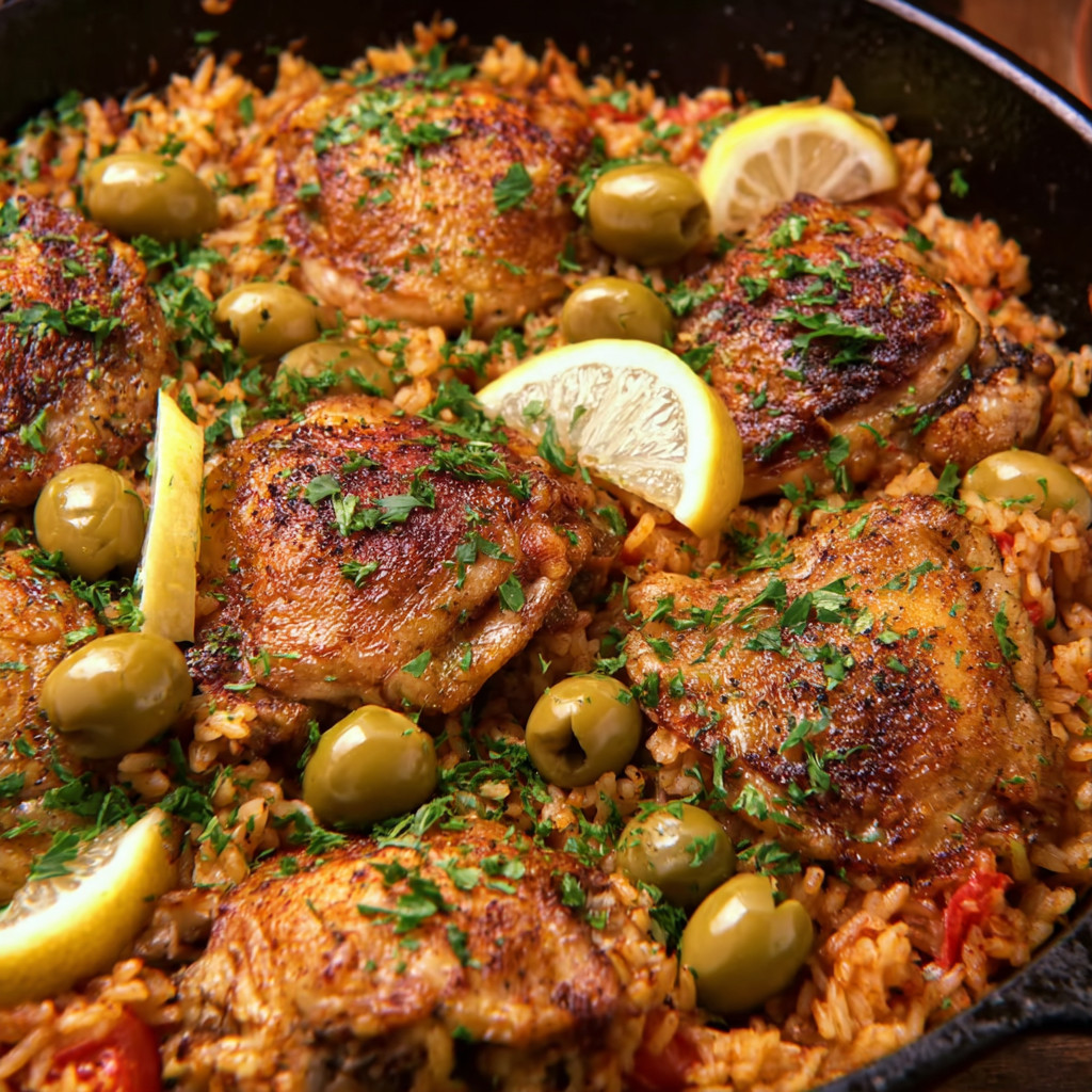 Ein Schalen mit Rice und Chicken, garniert mit Zitrone und Olive.