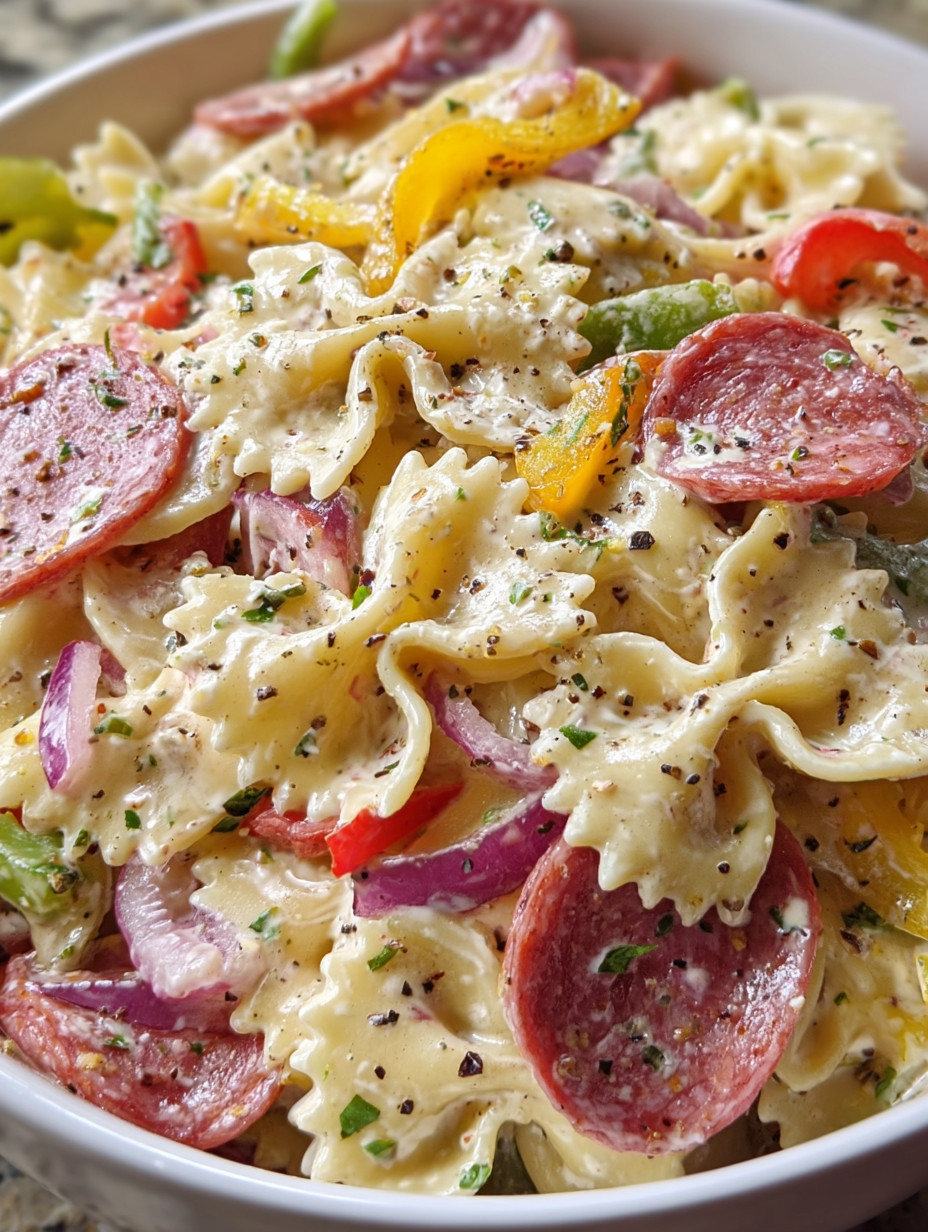 Eine Schüssel mit Pasta, Tomaten, Paprika, Zwiebeln und Koriander.