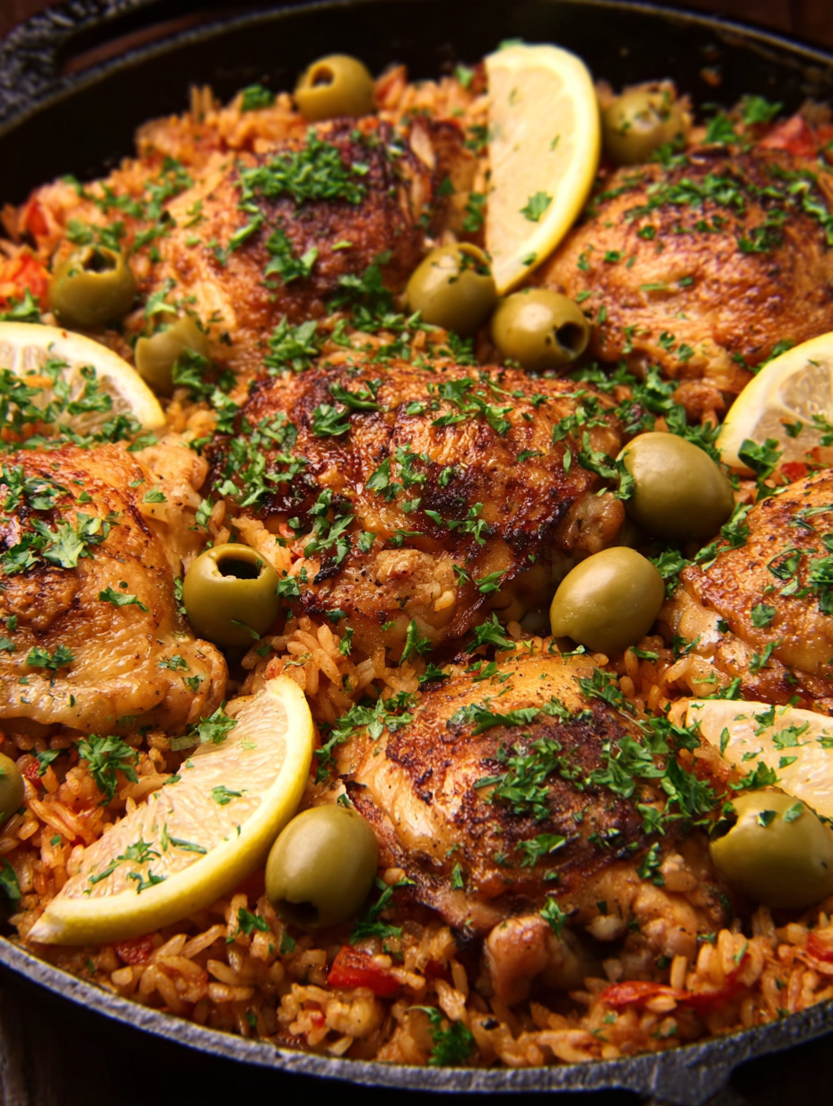 Ein Bild von einer Rice-Gerichte mit Chicken und Zitrone.