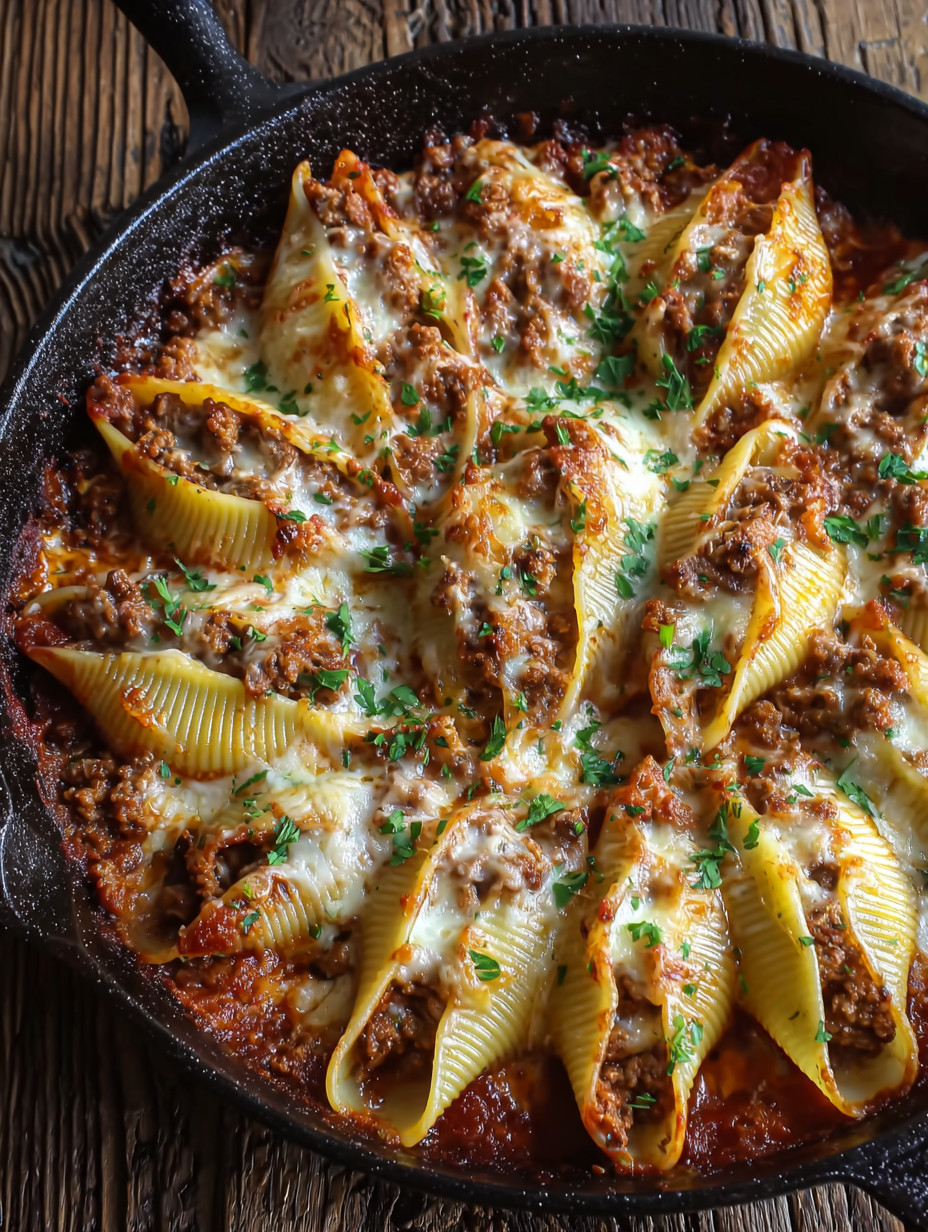 Eine Tasse mit Pasta, die in einem Pan mit Sauce und Zwiebeln gart.