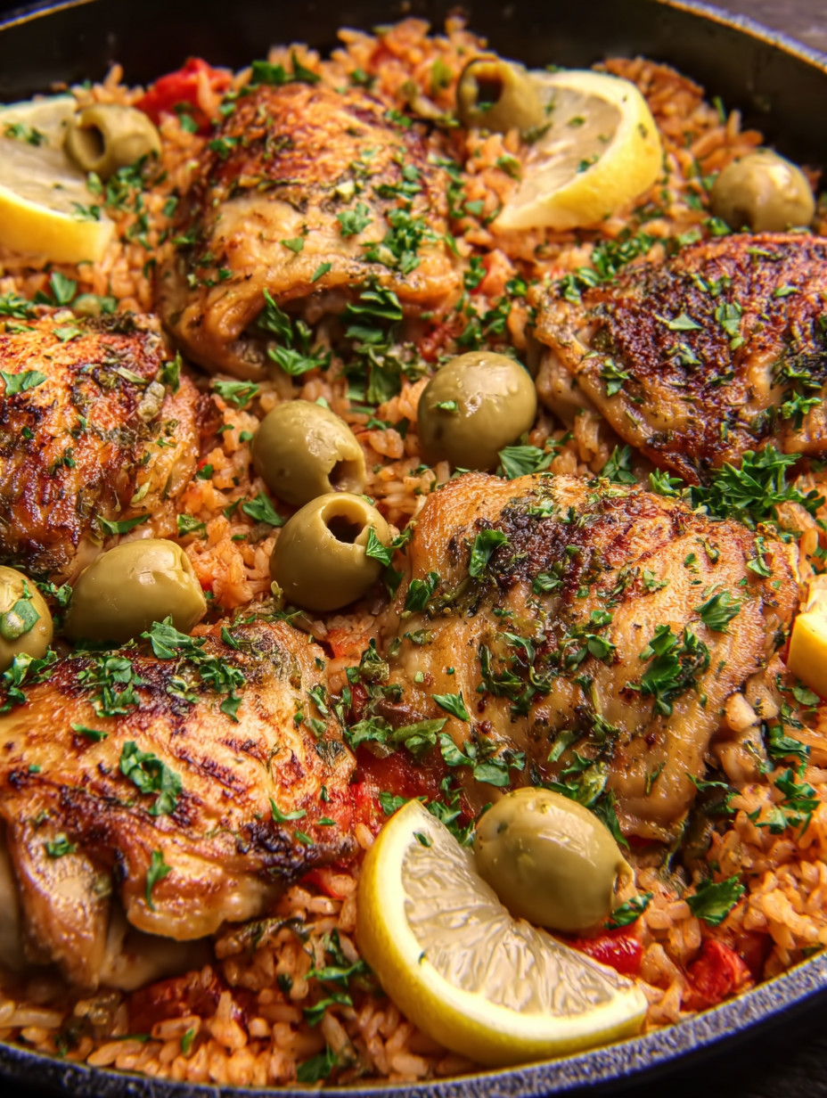 Eine Schüssel mit Rice und Chicken, garniert mit Zwiebeln und Oliven.