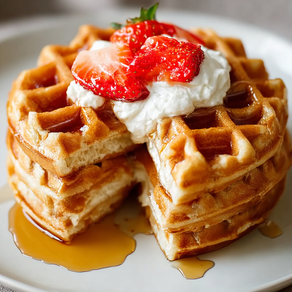 Ein weißer Teller mit Waffeln und Strawberries.