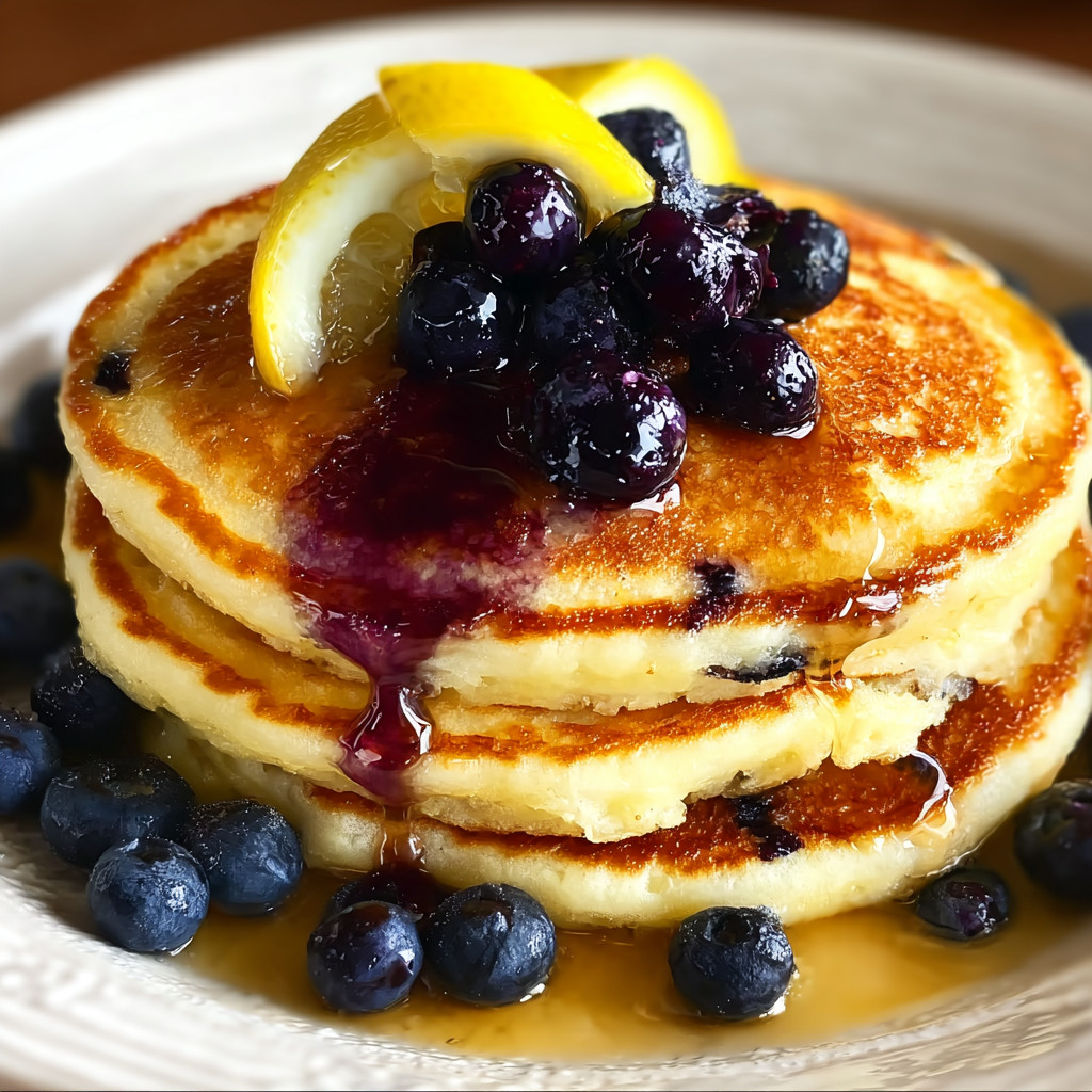 Eine Platte mit Pancakes, die mit Blueberries und Zitrone garniert sind.