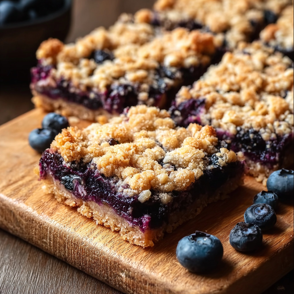 Ein Stück Kuchen mit Blaubeeren auf einem Holzbrett.