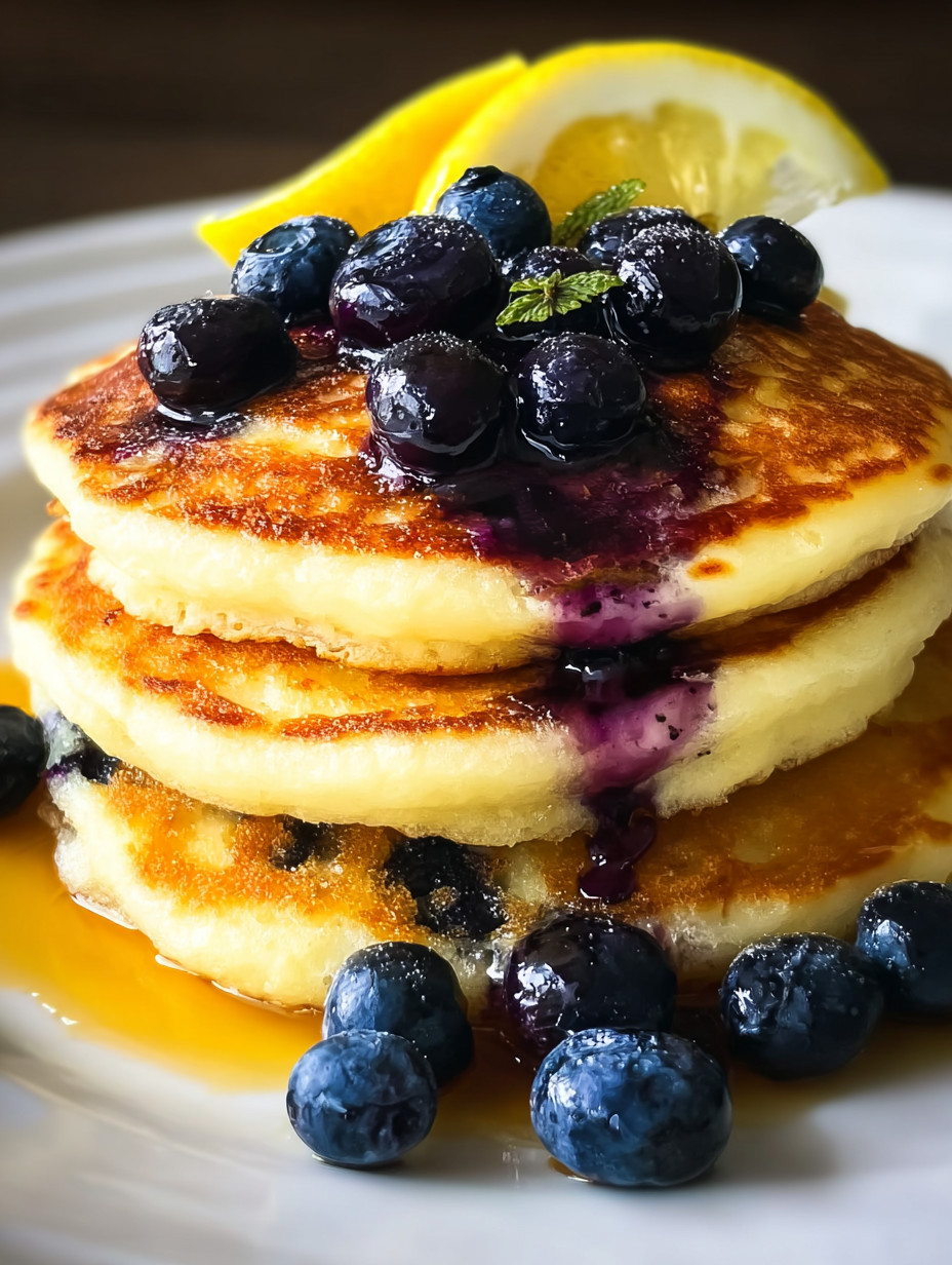 Eine Platte mit Pancakes, die mit Blaubeeren und Zitronen garniert sind.