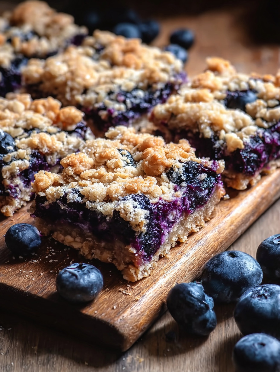 Eine Platte mit Blueberry-Kuchen auf einem Holzblock.