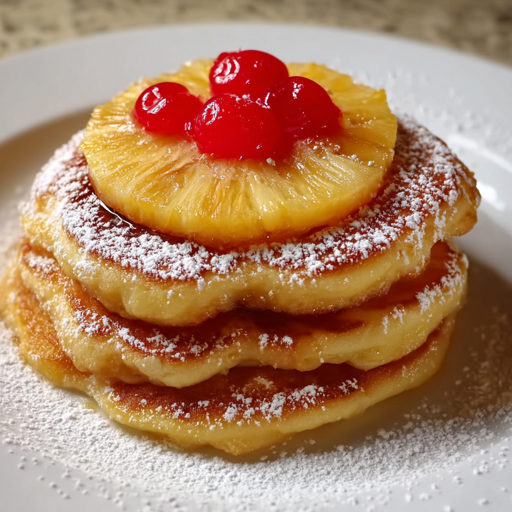 Eine Platte mit Pancakes, die mit Pineapple und Cherries garniert sind.