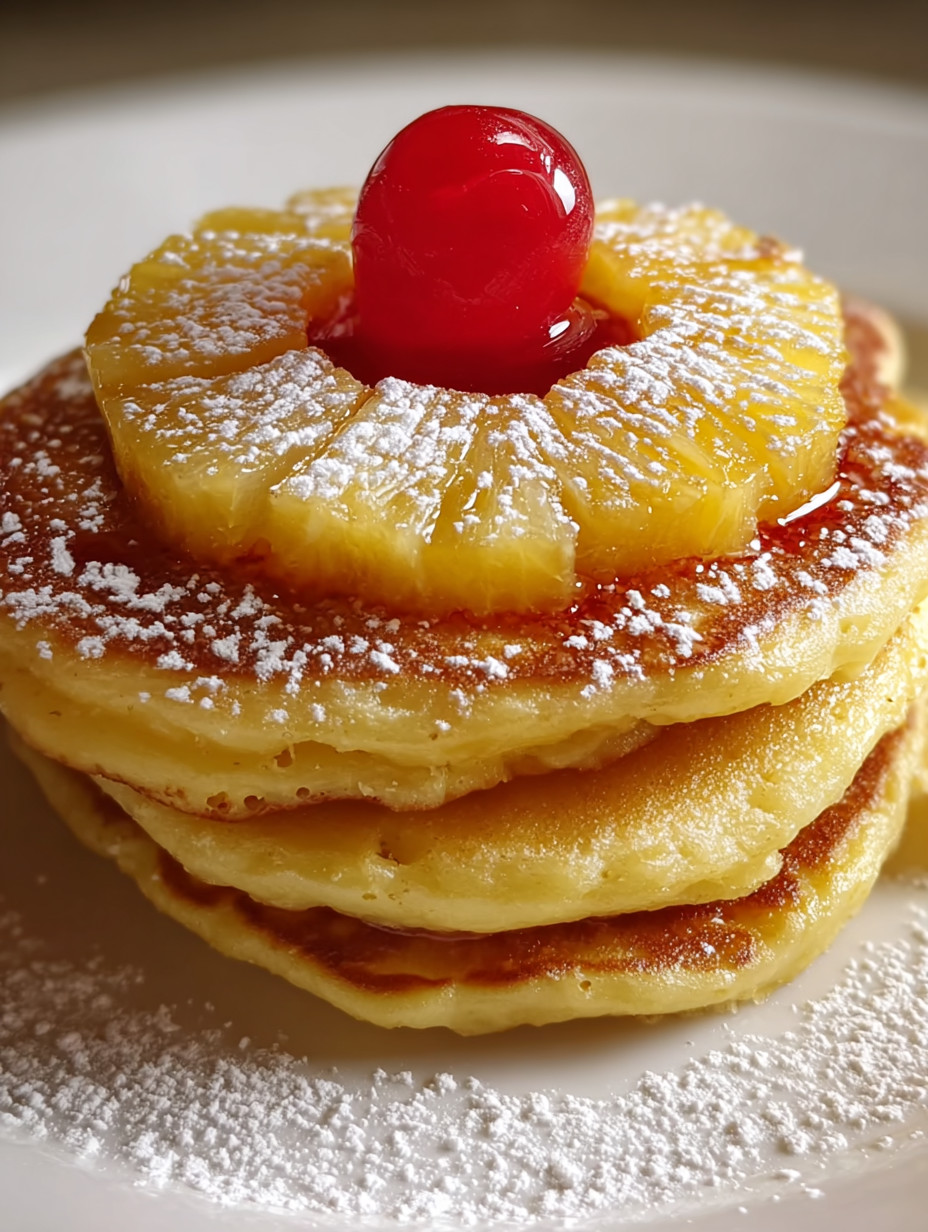 Eine Schüssel mit Pancakes, die mit Pineapple-Saft garniert sind.