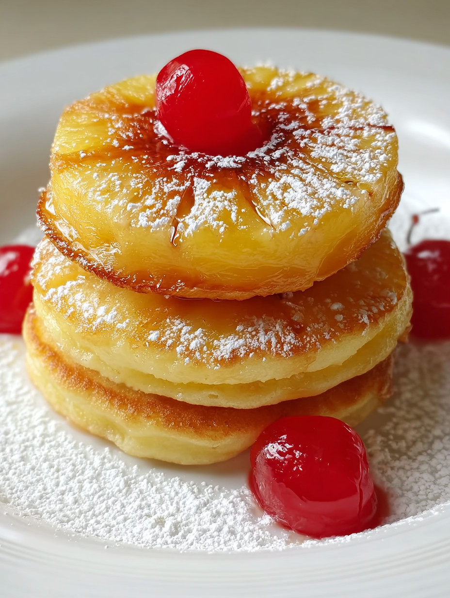 Eine Platte mit mehreren Pancakes, die mit Zucker und Cherry garniert sind.