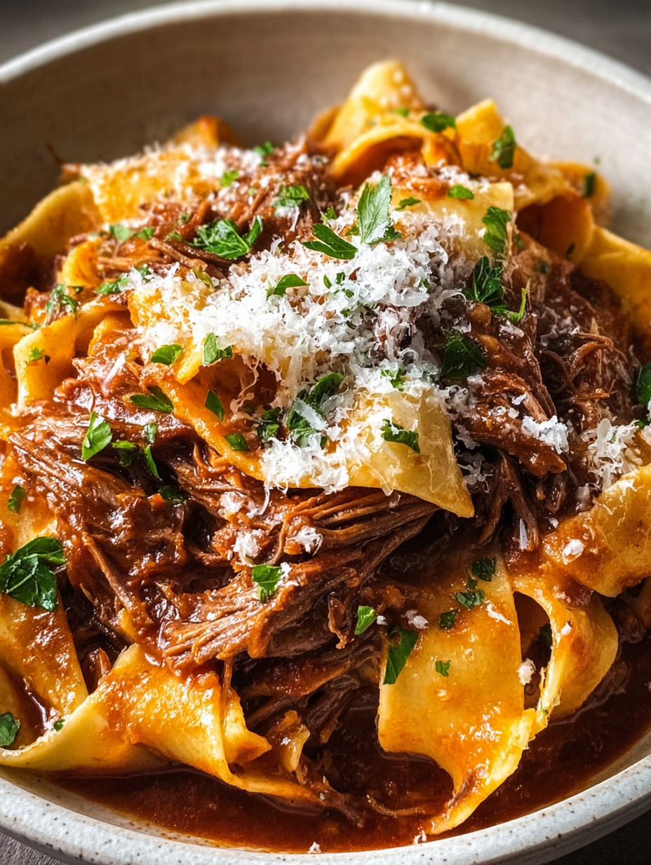 Eine Schüssel mit Pasta, die mit Rindfleisch, Parmesan und Kräutern garniert ist.